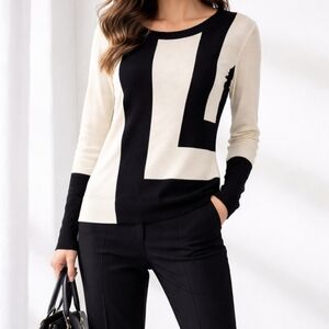 Ann Taylor Sweater Top Womens Size Large Ivory Black Long Sleeve Preppy Career